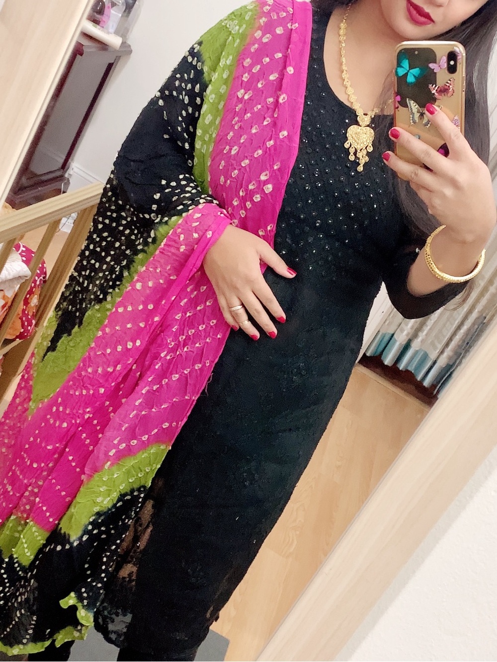 Black Women's Embellished Kurta with Pink & Green Bandhani Dupatta set